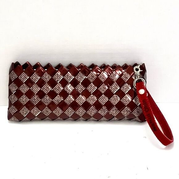 Nahui Ollin Handcrafted Woven Candy Wrappers Wristlet Maroon Upcycled Designer - Picture 3 of 8